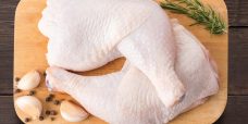 Set raw chicken on cutting board on the wooden background